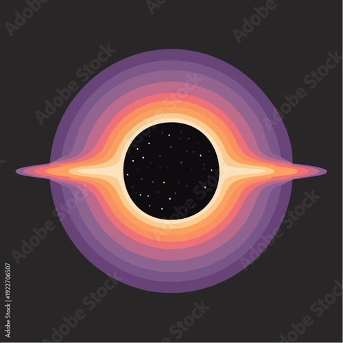 Illustration of a colorful accretion disk surrounding a black hole in deep space, featuring a starry background