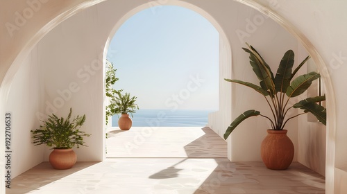 luxurious entrance to a mediterranean villa, an arched doorway leading into the home with a view over the sea, plants in minimal terracotta pots, and light beige tones,