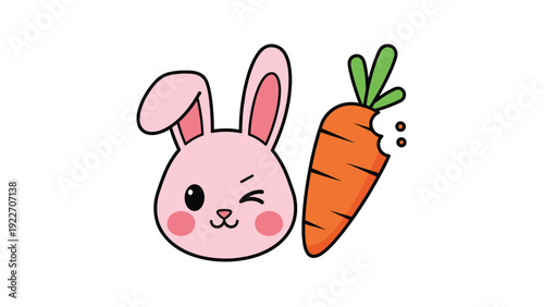 Adorable pink bunny face with a winking expression next to a single orange carrot that has a bite taken out of its side on white.