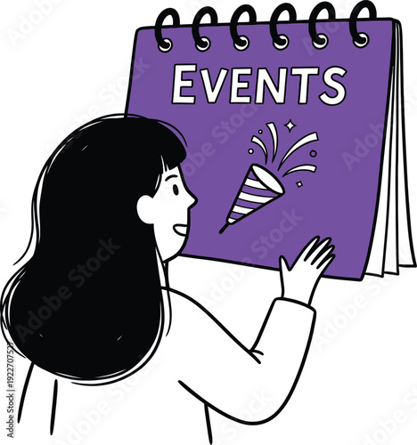 Excited Woman Holding a Calendar Page for 'Events' with a Party Popper, Planning Celebrations and Special Occasions, Illustration