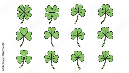 Grid of twelve green clover icons including both three-leaf and four-leaf varieties for luck and Saint Patricks Day themed designs.