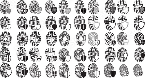 Fingerprint icons with shields for security and protection concepts  various designs