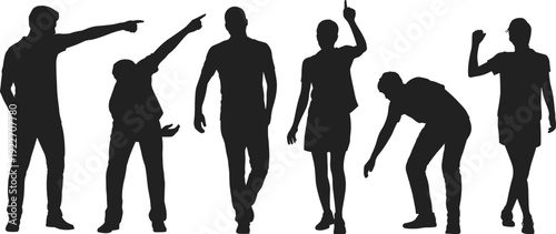 People silhouette collection expressing emotions and gestures, diverse men and women black vector set isolated on white background