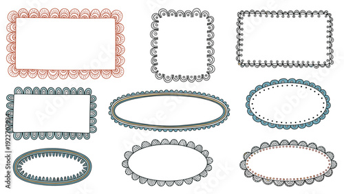 Set of nine decorative hand-drawn frames in rectangular and oval shapes with colorful scalloped edges and unique borders for photos.