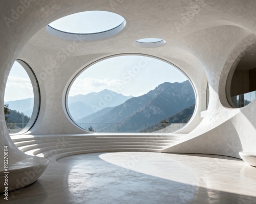 Organic-shaped Interior Space with Mountain View