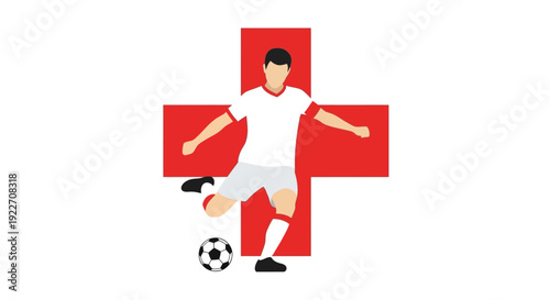 Soccer Player Kicking Ball with Red Cross.