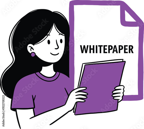 Young woman with dark hair holding a purple folder, standing next to a large whitepaper document, symbolizing business research and detailed information.