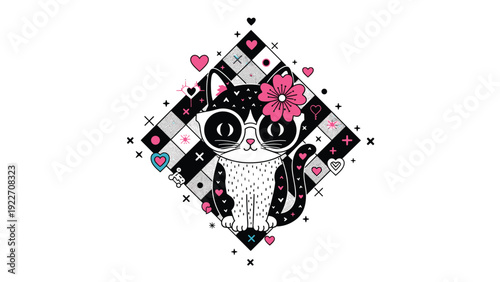 Stylish cartoon cat wearing glasses and a flower on its head set against a black and white diamond pattern background with pink hearts.