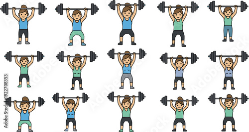 Men weightlifting cartoon character set flat vector collection of male athletes lifting barbells in gym workout isolated on light background