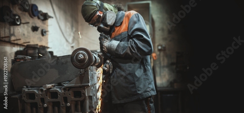 Canvas Print A man in protective gear, mask, and gloves grinds metal by hand in a workshop  stationary grinding machine (bench grinder)