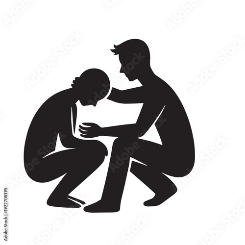 Black Friend comforting sad person Silhouette Vector, High Quality Illustration on White Background