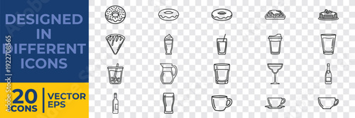 A collection of 20 minimalist flat vector icons depicting various food and drink items, designed in a clean, modern style for versatile use.