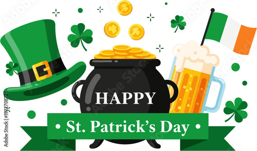 St Patrick’s Day green background with shamrock clovers leprechaun hat pot of gold coins and festive Irish celebration symbols