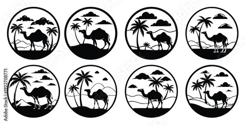 nine black silhouettes of camels with palm trees appear