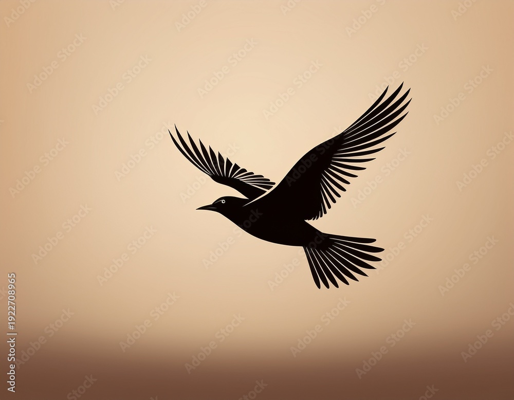 Obraz premium a silhouette of a single bird in flight against a pale cream background