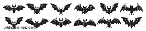 nine silhouettes of bats in various positions against 