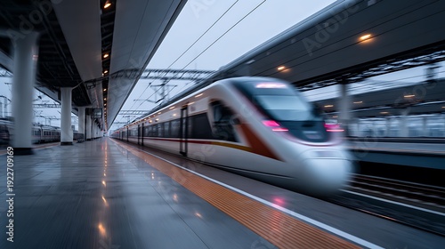 High-speed passenger train in red, white, and orange with motion blur on tracks at an outdoor station under an overcast sky.