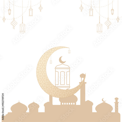Islamic greeting card background with mosque silhouette, crescent moon, hanging lanterns, and ketupat ornaments in soft cream monochrome style. Perfect for Ramadan Kareem and Eid Mubarak