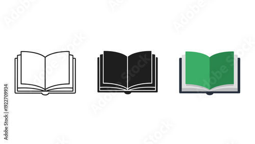 Three open book icons in different colors and styles Vector