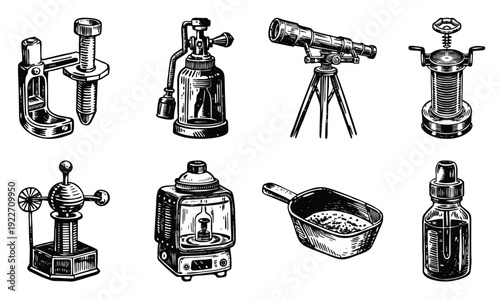 set of laboratory instrument vintage style illustrations