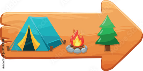 Camping Scene with Tent, Fire, and Tree Illustration on Wooden Sign