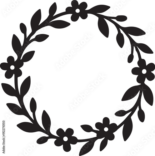 Black Floral Wreath Silhouette with Leaves and Flowers Circular Frame Isolated on White Background for Elegant Design and Branding