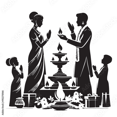 Black Hindu family puja  Silhouette Vector, High Quality Illustration on White Background