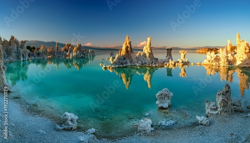 turquoise lake with tufa spires at dawn