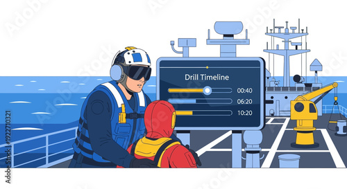 Two individuals in safety gear on a ship deck observing a digital drill timeline.