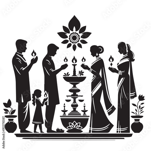 Black Hindu family puja  Silhouette Vector, High Quality Illustration on White Background