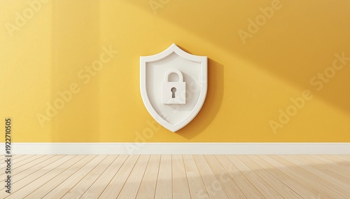 Shield Symbol with Padlock on Wooden Floor Against Wall 