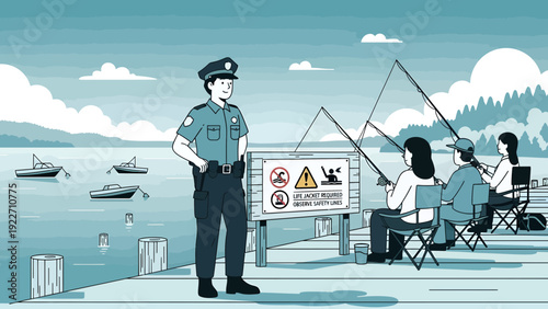 A police officer stands on a pier overseeing a group of people fishing.