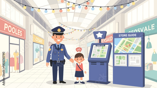 A police officer helping a lost little girl in a shopping mall.