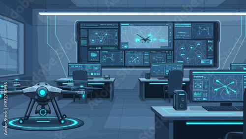 Advanced drone technology in a futuristic control room.