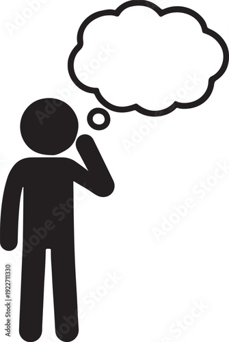 Stick figure person thinking with empty thought bubble icon silhouette vector illustration