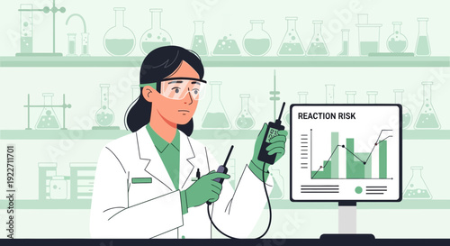 Female scientist in lab coat and safety glasses holding scientific instrument.