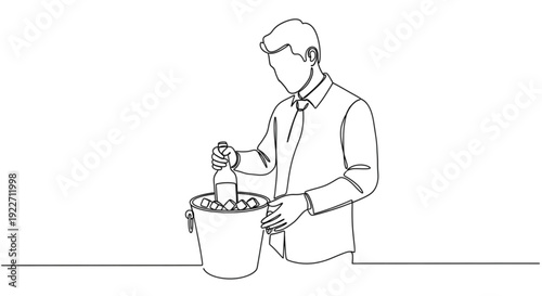Man placing bottle in ice bucket while preparing for a gathering  