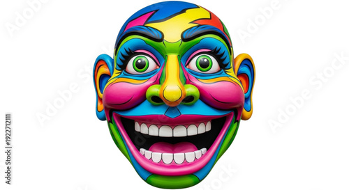 Giant colorful carnival doll head with exaggerated features  