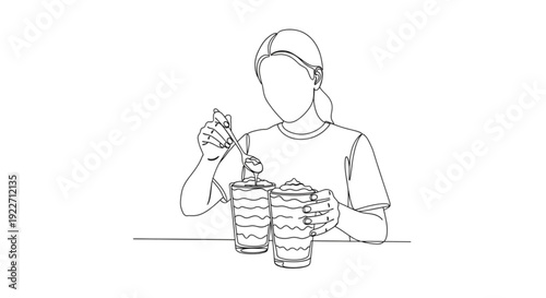 Woman layering desserts in glass cups while sitting at a table  