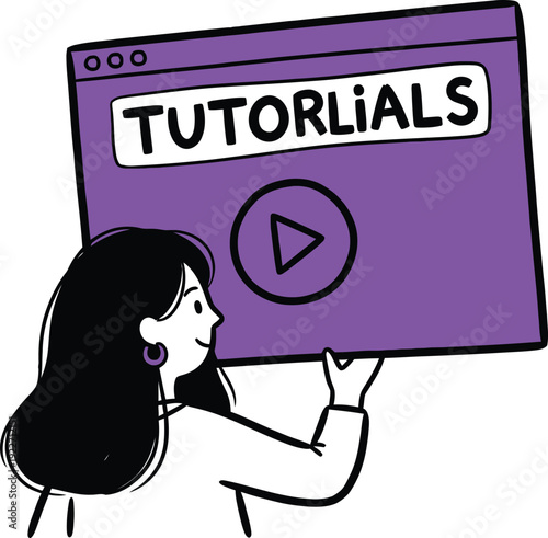 Cartoon girl watching online tutorials on a purple browser window with a play button, representing e-learning, digital education, and web content.