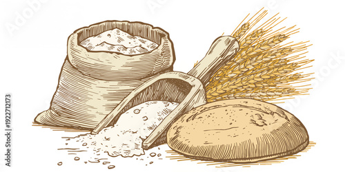 Baking Ingredients Illustration. Baking Ingredients with Flour Bag, Wooden Scoop, Wheat Stalks, Flour Pile and Rustic Bakery Concept Design