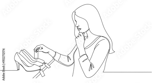 Woman examining price tags on shoes while contemplating purchase  