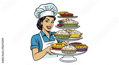 Woman in chef hat stacking colorful pies on dessert stand  