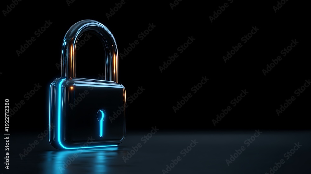 Fototapeta premium Futuristic Digital Padlock with Vibrant Blue and Orange Glow on a Dark Reflective Surface, Symbolizing Cybersecurity and Secure Data Access.