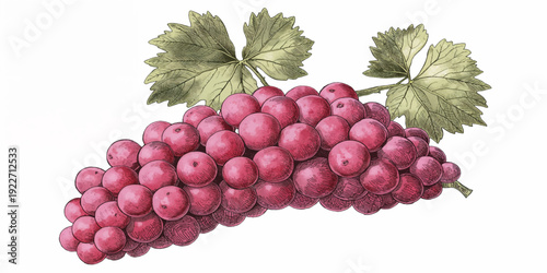 Realistic Red Grape Cluster Illustration. Realistic Red Grape Cluster with Detailed Berries, Green Leaves and Botanical Fruit Artwork Design