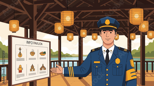 Male security officer in uniform presenting information board.