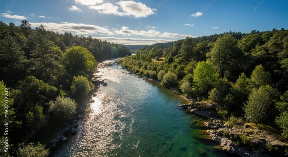 Obraz premium Serene River Flowing Through Lush Green Forest