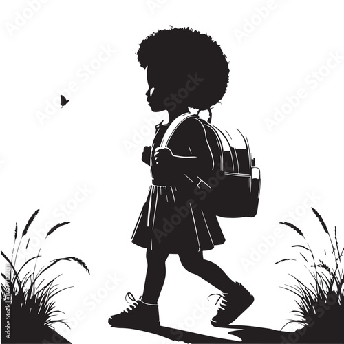 Black Kid first day school Silhouette Vector, High Quality Illustration on White Background