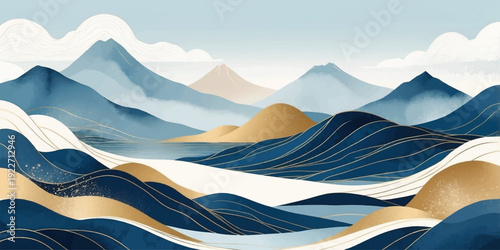 Abstract Mountain Landscape Illustration with Layered Blue and Golden Hills, Flowing Lines, Soft Sky and Minimalist Nature Scenery Background Design.