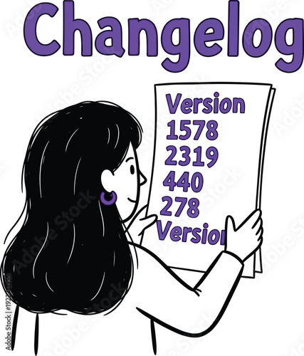 Cartoon girl holding a document with 'CHANGELOG' and version numbers, representing software updates, development history, documentation, or product improvements.